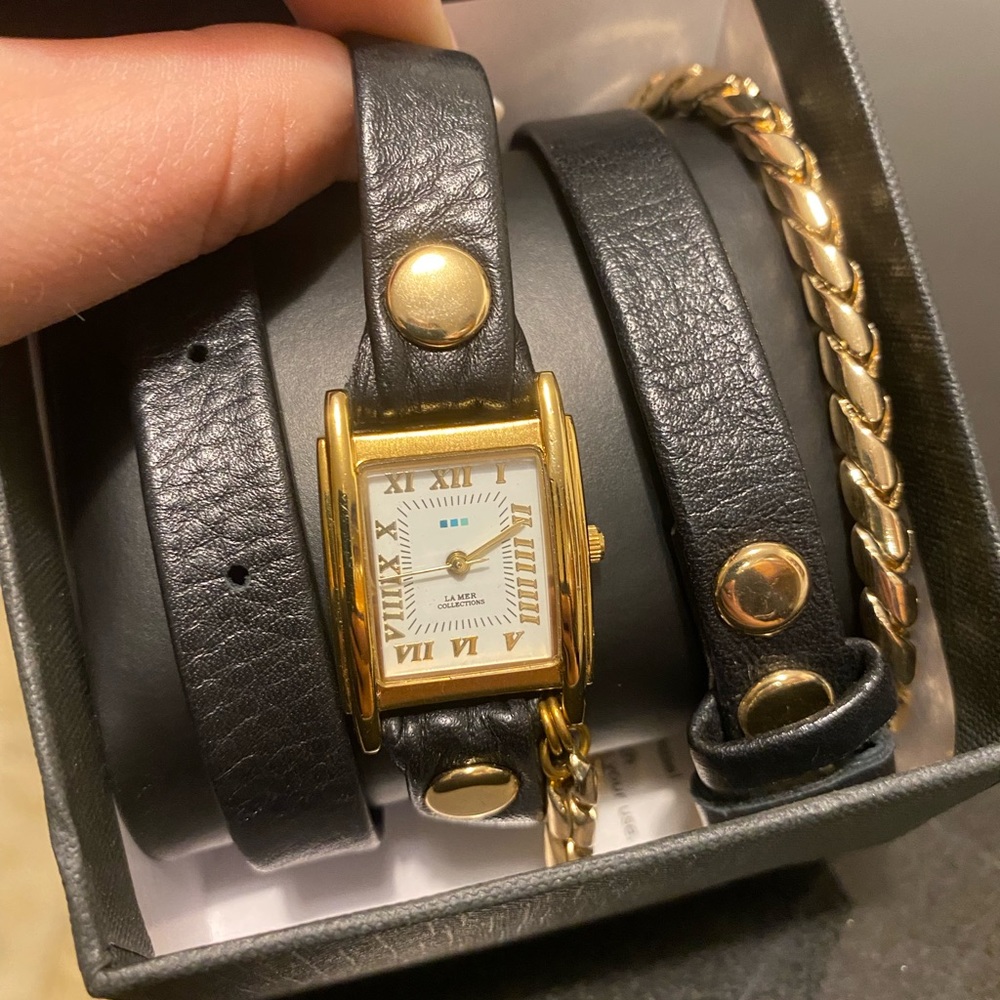 La Mer black leather wrap watch with gold chain
